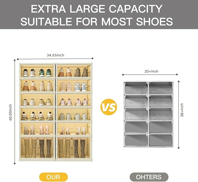 6 Tiers Foldable Shoe Rack Organizer for Closet with Wheels, 24Pairs Plastic Collapsible Shoe Shelf for Front Door Entrance Stackable Clear Folding Shoes Storage Boxes Tall Shoe Cabinet