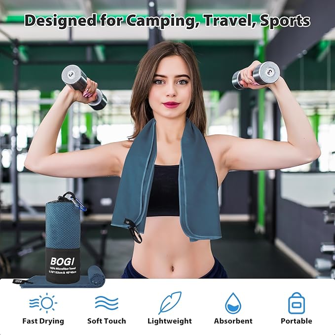BOGI Microfiber Travel Sports Towel-Quick Dry, Soft Lightweight, Absorbent, Compact for Camping, Gym, Yoga, Swimming, Backpacking (L:60''x30''+16''x16''-Nblue)