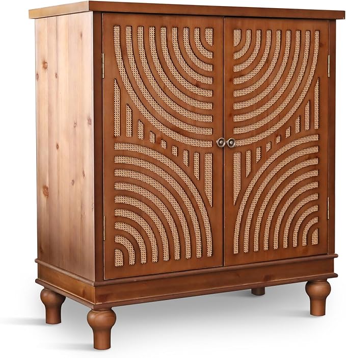 PHI VILLA Accent Cabinet with Door, Small Buffet Sideboard Cabinet with Rattan Door, 2 Door Storage Cabinets
