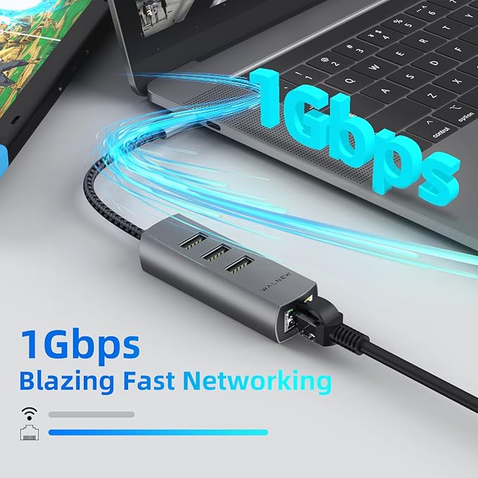 USB-C to Ethernet Adapter, WALNEW USBC to RJ45 LAN Adapter, Gigabit Cat Network Cable Converter to Type C Thunderbolt 3 for Mac,MacBook Pro/Air,Samsung Galaxy Tab (Ehternet+USB-A Port, USB-C)