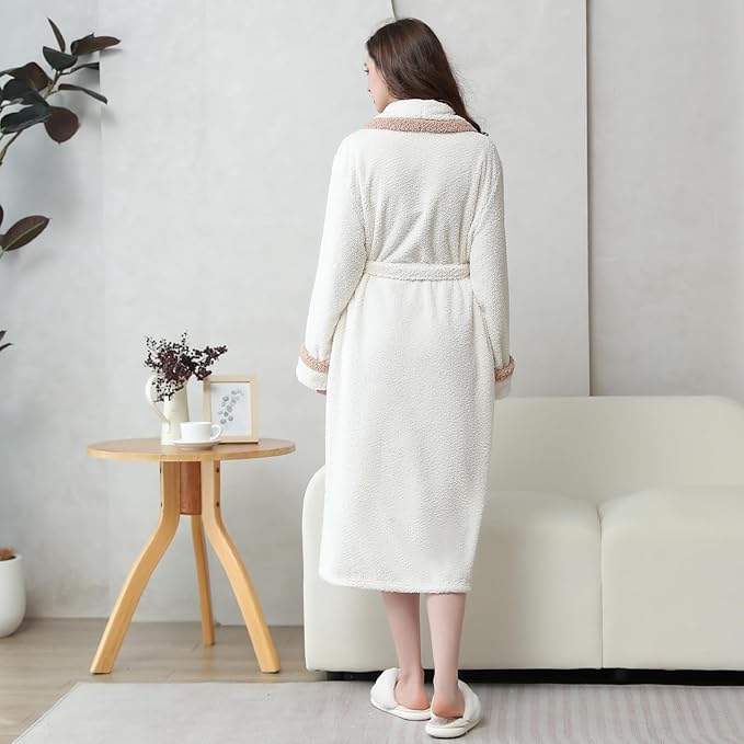 Oksun Womens Long Fleece Robe: Soft Fluffy Warm Bathrobe - Cozy Winter Housecoat Nigthgown with Chic Piping