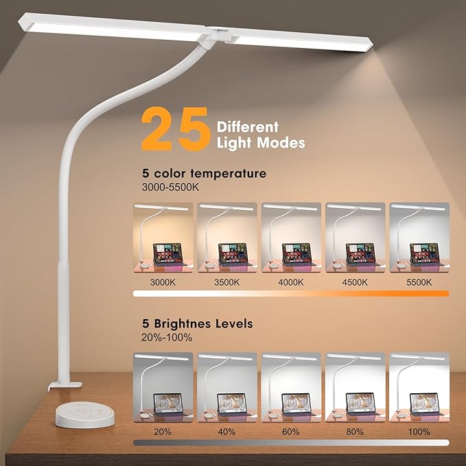 Led Desk Lamp for Office Home - Eye Caring Architect lamp with Clamp,Dual Screen Computer Monitor Work Smart Light: 24W 5 Color Flexible Adjustable Lighting Table Lamp for Study Drafting Beige