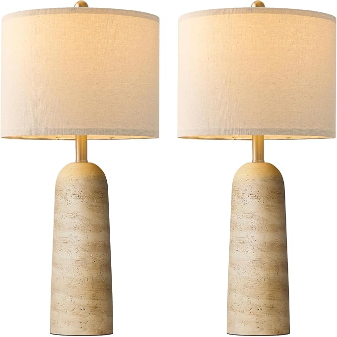 BOBOMOMO 27.25" Modern Table Lamp Set of 2, Warm Beige Resin Lamp with Natural Stone Look, Lamps for Living Room with Linen Shades, Bedside Lamp for Bedroom, Living Room, Nightstand, Entryway