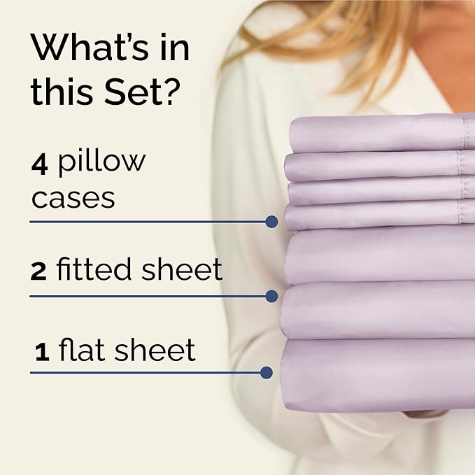 Split King 7 Piece Sheet Set - Cooling & Breathable - Hotel Luxury Bedding Includes Fitted Sheets for Women, Men, Kids & Teens - 1 Flat, 2 Fitted Sheets, 4 Pillowcases w/Deep Pockets - Light Lavender