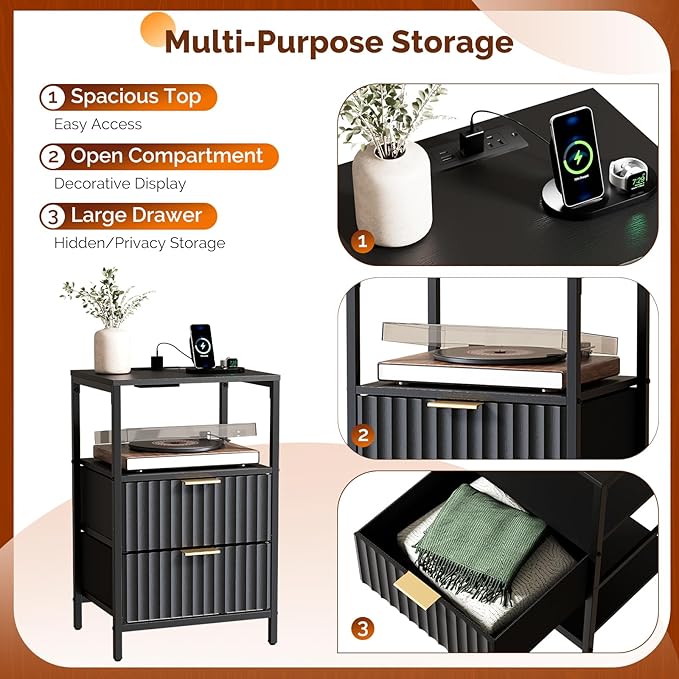 VINGLI Black Nightstand with Charging Station, Fluted Night Stand with Drawers Fabric, Bed Side Table/Night Stand with Charging Station for Bedroom, Dorm, 14.96" W*11.81" D*23.78" H