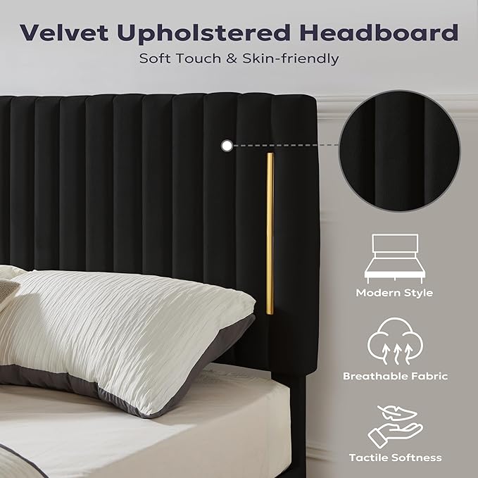 Queen Platform Bed Frame, Velvet Upholstered Bedframe with Vertical Channel Adjustable Headboard, Golden Plating Trim, Mattress Foundation with Wooden Slats, No Box Spring Needed, Black