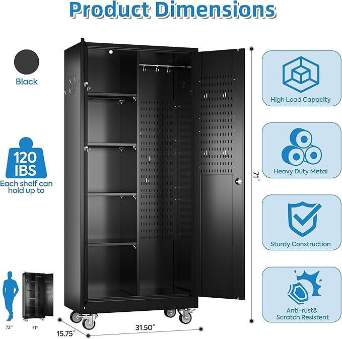 Garage Storage Cabinet with Wheels, Broom Closet Storage Cabinet with Pegboards and Adjustable Shelves, Metal Tool Cabinet with Lockable Door for Garage Home, Black