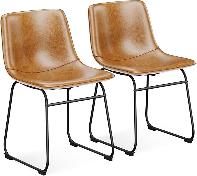 Dining Chairs Set of 2, 18 Inch Modern Armless Dining Chair with Back, Faux Leather Kitchen Dining Room Chair with Metal Legs for Home, Bistro Coffee Shops (Brown)