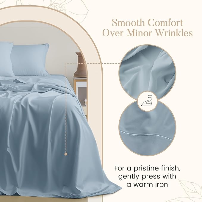 100% Egyptian Cotton Sheets Queen Size Set, 800 TC Deep Pocket Queen Sheets Set, Soft Breathable Sateen Weave 4 PC Elasticated Sheet & Pillowcase Sets, No Pill & Shrink, Fade Resistant- French Blue