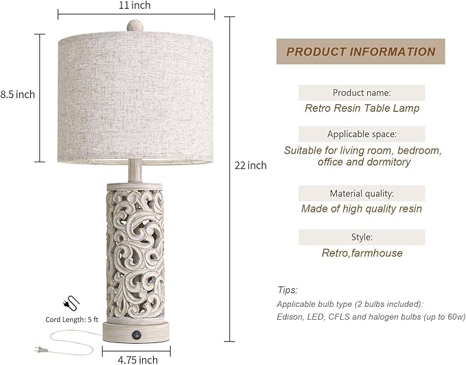OYEARS Bedside Table Lamps Set of 2 with USB & Night Light, 22'' Farmhouse Bedroom Lamps for Nightstand, Vintage Table Lamps for Bedroom Living Room Home Offce (Bulb Included)