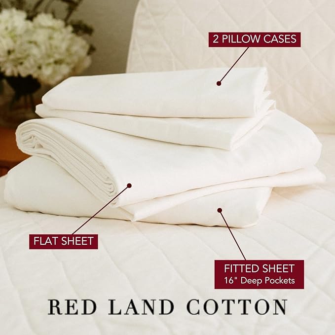 Red Land Cotton Luxury Sheet Set | 100% American Grown Cotton Basics | Premium Hotel Ultra-Soft Lightweight 4 Piece USA Made Deep Fitted, Flat Sheet, & Pillowcases Percale Weave (Cal King/Natural)