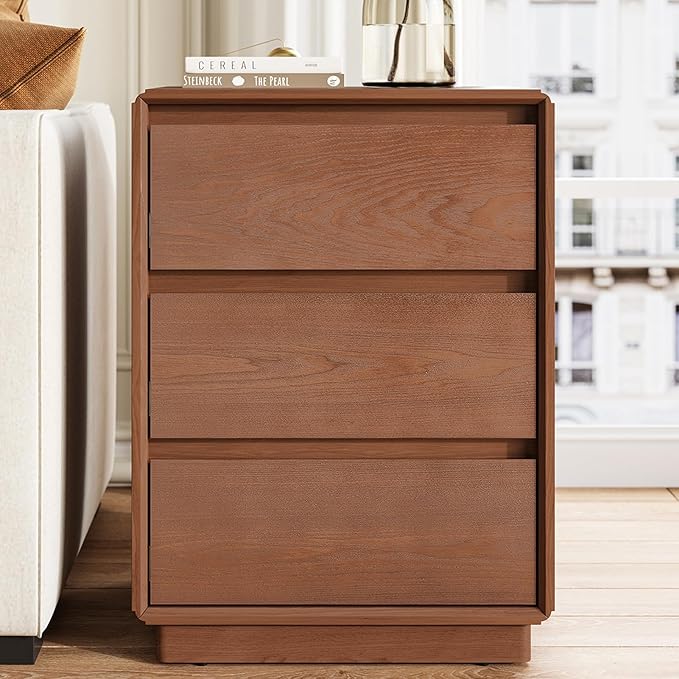 Solid Wood Nightstand, Natural Wood Night Stand with 3 Drawers, Mid Century Modern Nightstand with Storage, Bedside Table for Bedroom, Office, Brown