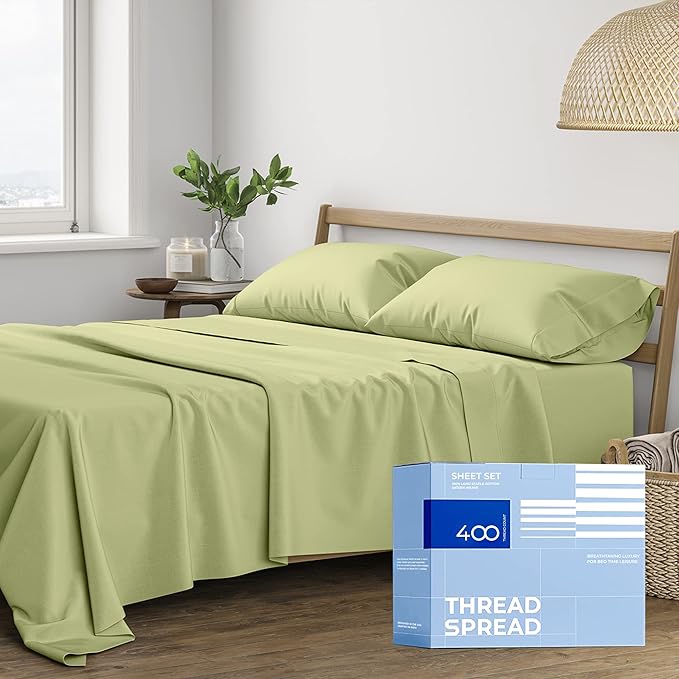 THREAD SPREAD 100% Cotton Queen Sheets Set - 400 Thread Count Queen Size Sheets (4 PC, Sage Green), 16" Deep Pocket All Around Elastic, Soft, Cooling, Durable & Breathable Sateen Weave Bed Sheet Set