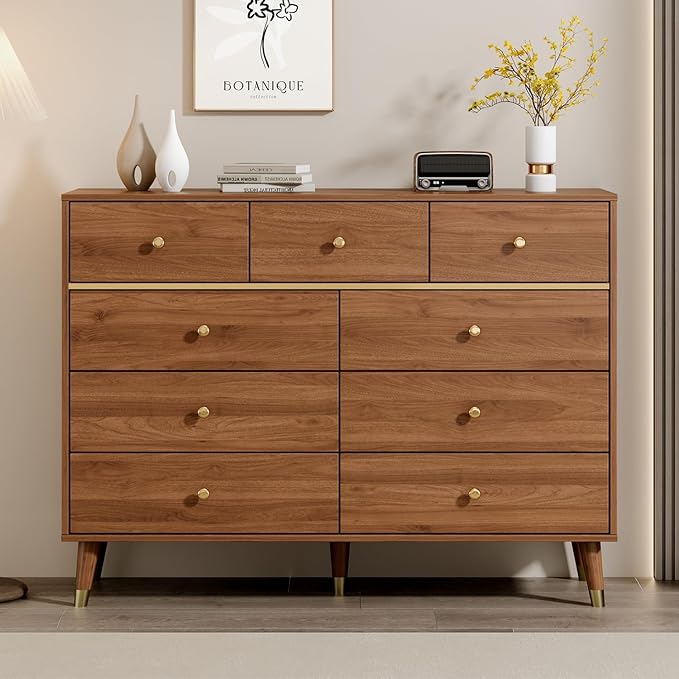 Modern Chest of Drawers with 9 Drawers,Deep Drawers,Clothes Organizer,Large Storage Cabinet for Living Room, Bedroom,Hallway,with Anti-Tipping Device,Brown