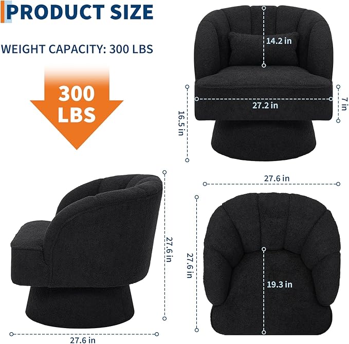 GarveeHome Modern Swivel Barrel Accent Chair, 360° Teddy Fabric Upholstered Armchair with Striped Backrest & Plush Padding, Comfy Round Lounge Chair for Living Room, Bedroom, Reading Nook, Black 2 PCS