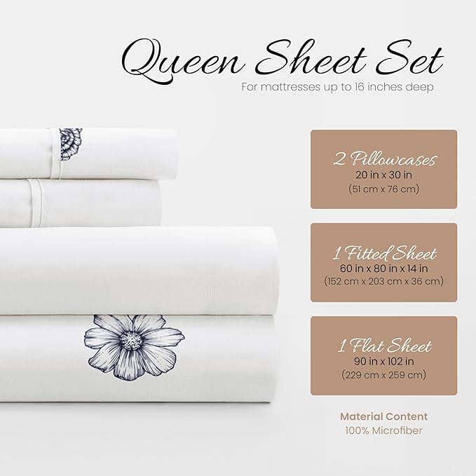 Linen Market Double-Brushed Patterned Microfiber Queen Sheet Set 4 Piece – Oeko-TEX Certified Ultra Soft & Wrinkle-Free - 16" Deep Pocket Sheets - Easy Care Queen Size - Indigo Flowers Navy