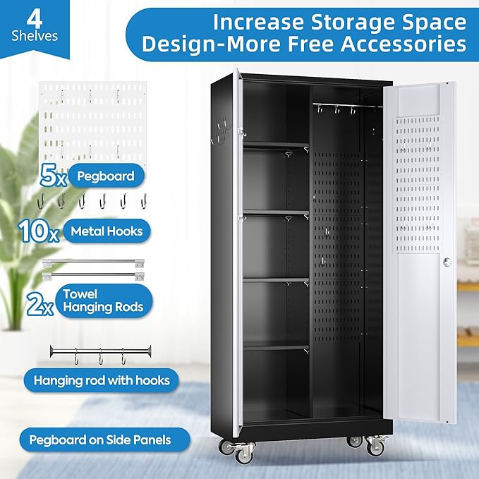 Garage Storage Cabinet with Wheels, Broom Closet Storage Cabinet with Pegboards and Adjustable Shelves, Metal Tool Cabinet with Lockable Door for Garage Home, Black and White