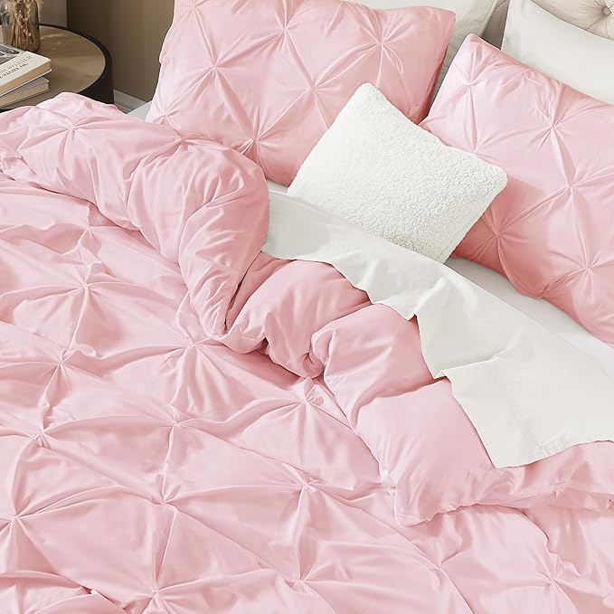 Litanika Pink Queen Pinch Pleat Duvet Cover, 3 Pieces Pintuck Cover Soft Microfiber Bedding Set with Zipper Closure & Corner Ties(90x90Inch-1 Duvet Cover, 2 Pillowcases)