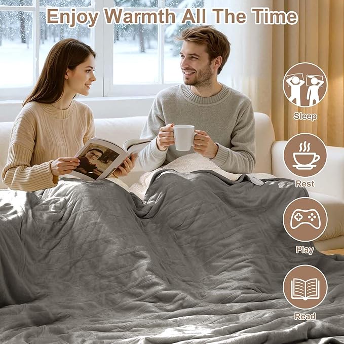 King Size Electric Blanket with Dual Control - Washable Heated Blanket King with 5 Heat Levels, 10 Hrs Auto Off, Overheat Protection, Flannel Sherpa Heating Blanket 100" x 90", Grey