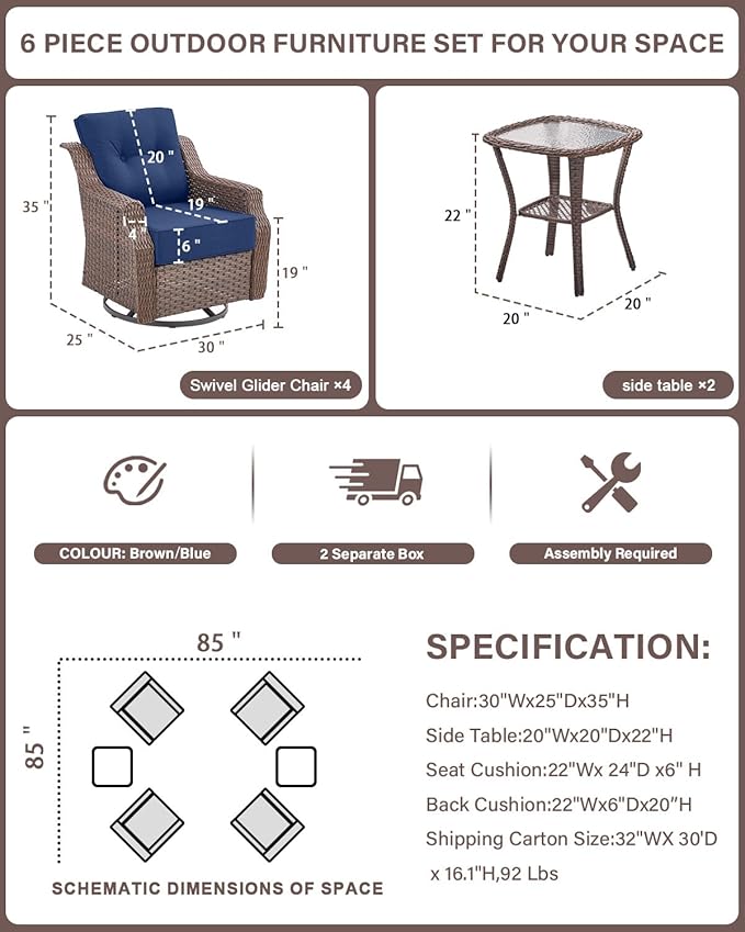 Belord 6-inch Thick Cushion Patio Furniture Set - Outdoor Swivel Rocker Glider Chairs Set of 4 with Glass Top Side Table, All-Weather Wicker Patio Conversation Set for Deck Balcony Sunroom