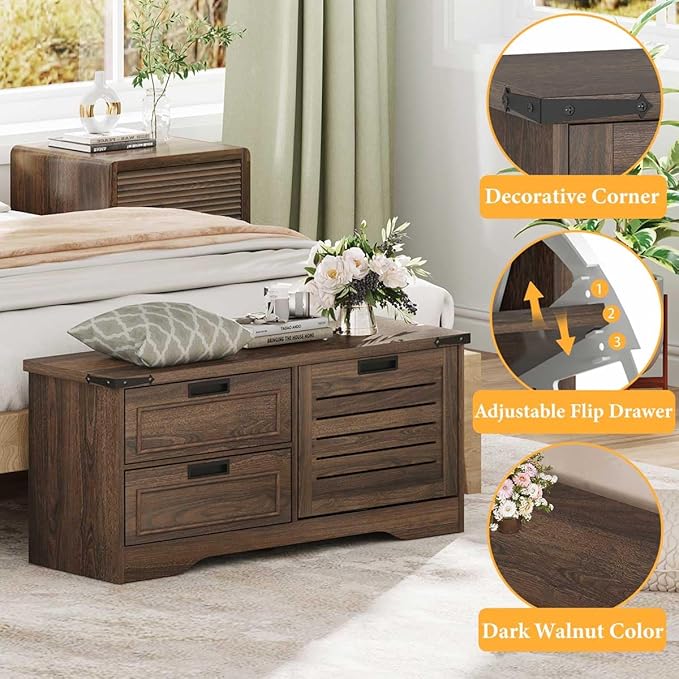 FATORRI Bench with Shoe Storage for Entryway, Wooden Shoe Benches with Flip Door and Drawers, Entry Way Shoes Organizer Cabinet for Living Room Mudroom (Dark Walnut)