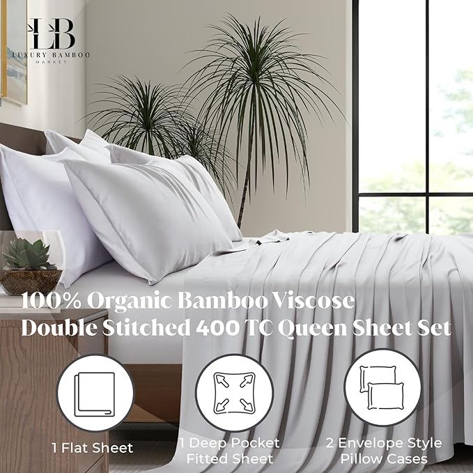 Luxury Bamboo Market | Queen Size Bed Sheet Set | 100% Viscose Made from Bamboo | Organically Grown | Ultra Soft | Cooling Sheets for Hot Sleepers | 17" Deep Pocket [Dove Grey]