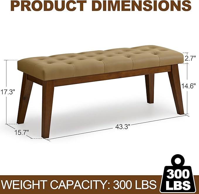 43.5'' Faux Leather Bedroom Bench, Upholstered End of Bed Bench with Tufted Button, Padded Vintage Dining Bench, Entryway Bench with Solid Wood Legs, Kitchen, Living Room, Hallway, Light Brown Tufted