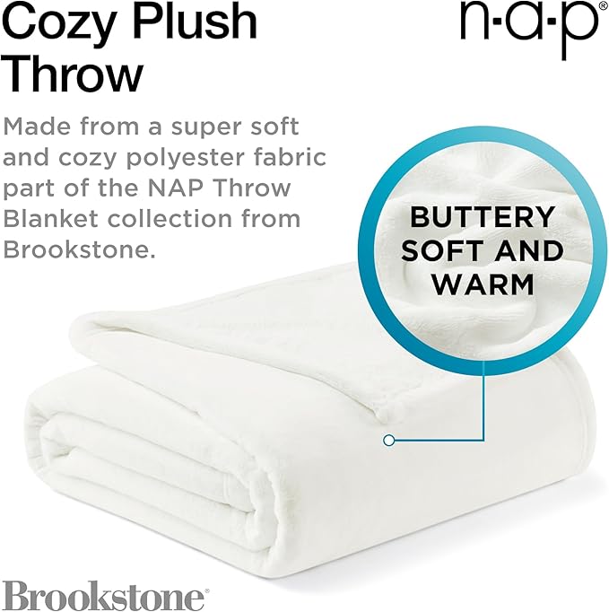 Brookstone Nap Plush Throw Blanket for Couch | Warm & Super Soft Blanket with Unmatched Heavy, Dense, and Ultra-Comfy Throw | Luxurious Drape, Cozying Up on a Sofa, Chair | White