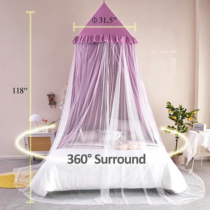 Kertnic 31.5inch Large Dome Bed Canopy for Girls, Double Layer Dreamy Ruffle Princess Canopy, Bedroom Hanging Tent Kids Reading Nook Canopies,Full Queen Bed Canopy Curtain (Dark Magenta-Purple)