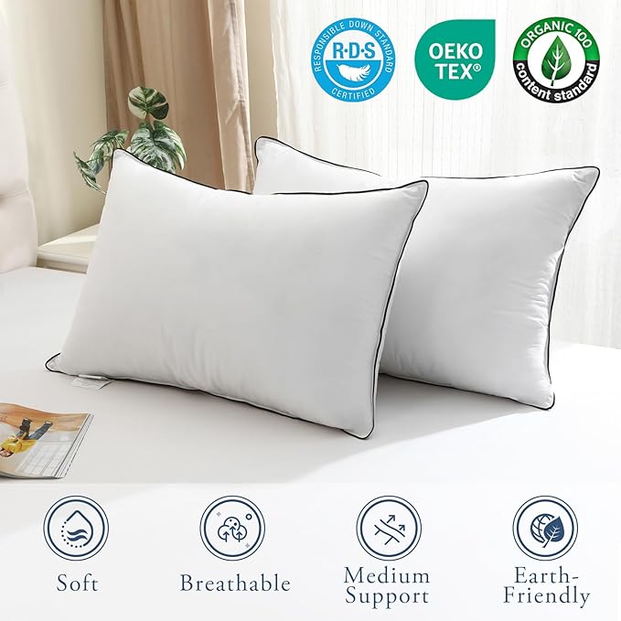 BPC Goose Feather Down Pillows King Size Set of 2, Luxury Hotel Collection Bed Pillows for Sleeping, 100% Organic Cotton Cover, Fluffy and Soft Support Surround Fill Polyester, Medium Firm, 20"x36"