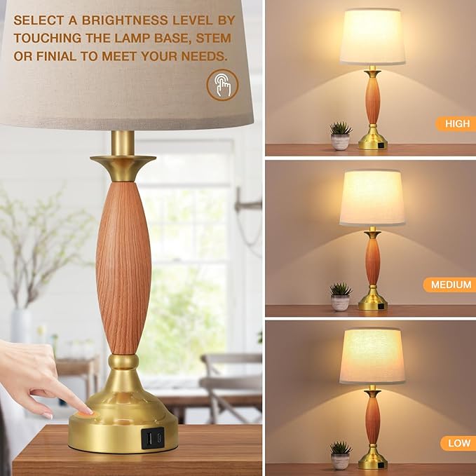 Seealle Lamps for Bedrooms Set of 2 - Touch Bedside Lamp with USB C+A, 3 Way Dimmable Nightstand Lamps with USB Port, Wood Table Lamp for Living Room Guest Room Bed Side End Table(Bulbs Included)