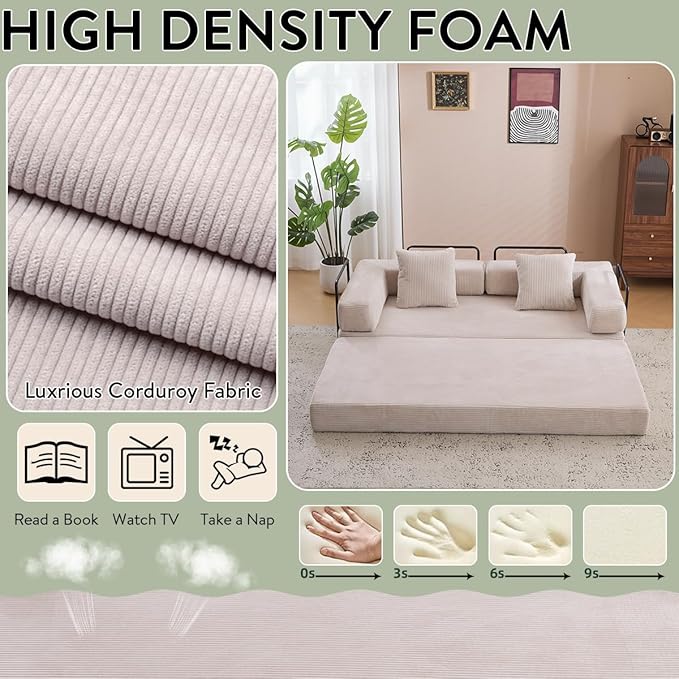 4-in-1 Convertible Folding Sleeper Sofa Bed, Fold Out Floor Sofa Couch with Fixed-Shape Frame, Cloud Corduroy Foldable Mattress Couch for Living Room Bedroom (78.5" Corduroy,Light Grey)