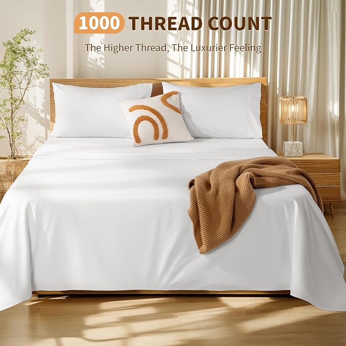 LBRO2M 100% Cotton Sheets Set Deep Pocket 19", 1000 Thread Count King Size 4 Piece Bed Sheet Sets Soft Comfortable Bedding All Season (King, White)