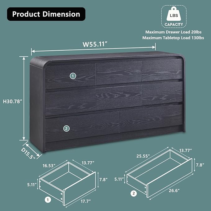 Modern 8 Drawers Dresser for Bedroom, 55" Wide Dressers & Chest of Drawers w/Curved Profile Design, Wood Mid Century Storage Dressers Organizer for Bedroom, Living Room, Black