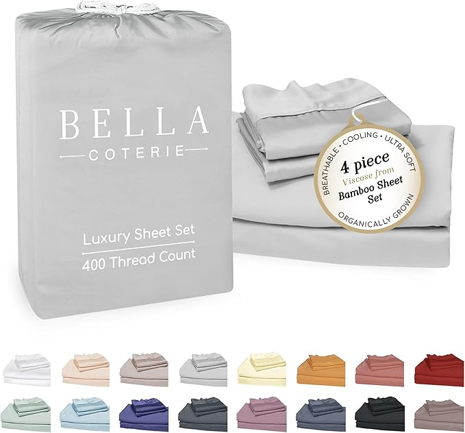 Bella Coterie Luxury Bamboo Viscose King Size Sheet Set | 100% Organically Grown | Ultra Soft | Cooling for Hot Sleepers | 18" Deep Pocket [Grey Mist]