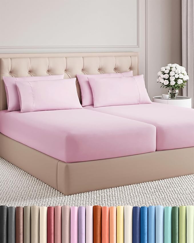 Split King 7 Piece Sheet Set - Cooling & Breathable - Hotel Luxury Bedding, Includes Fitted Sheets for Women, Men, Kids & Teens - 1 Flat, 2 Fitted Sheets, 4 Pillowcases w/Deep Pockets - Light Pink