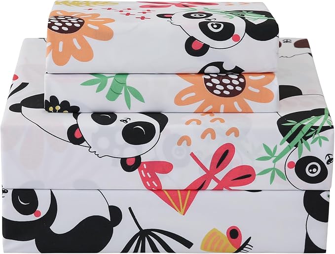 JSD Panda Kids Sheet Set Full Size, 4 Piece Floral Printed Microfiber Bed Sheets Deep Pocket