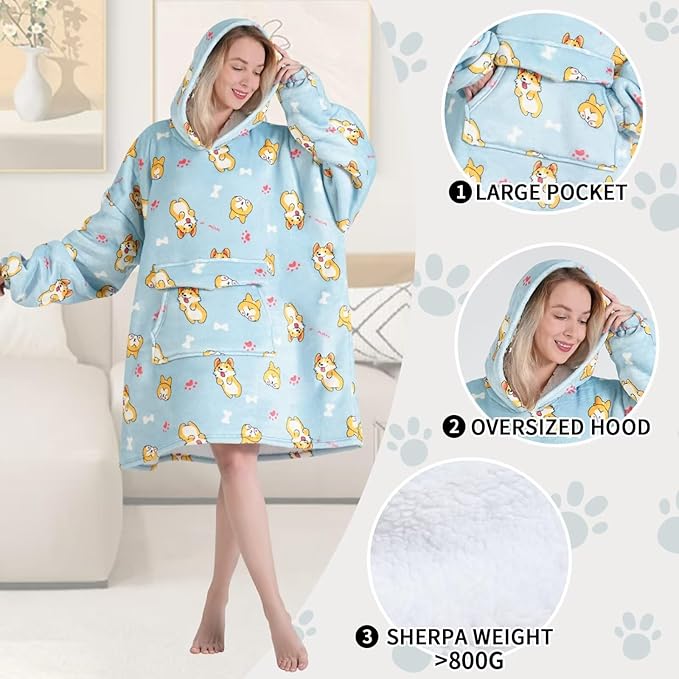 Wearable Blanket Hoodie for Adult,Oversized Sherpa Fleece Blanket Hoodie for Women Men,Corgi