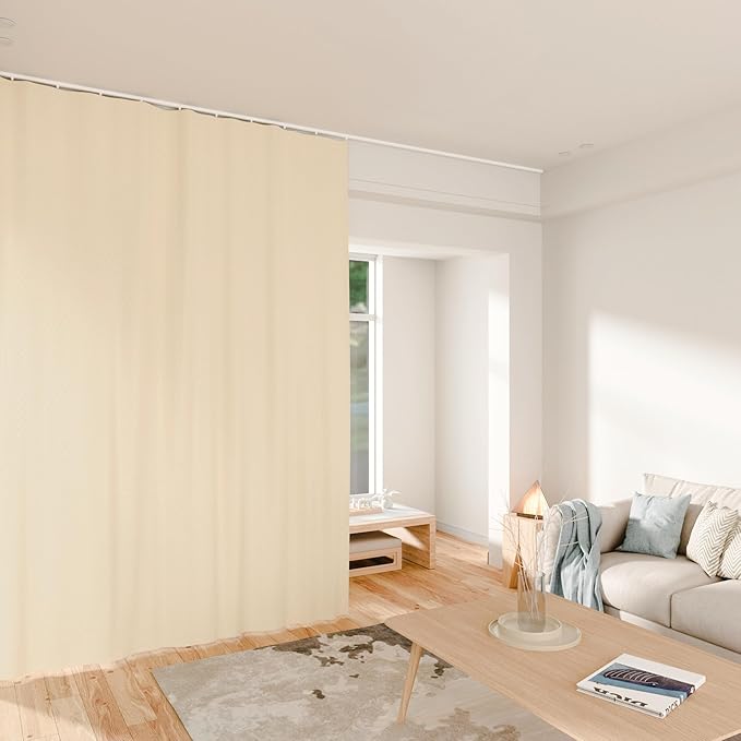 Room Divider Curtains Total Blackout Privacy Curtain Panel Room Thermal Insulated Noise Reduction Curtains for Bedroom Window Living Room Ceiling Track Curtain W 15 ft × H 9 ft Beige