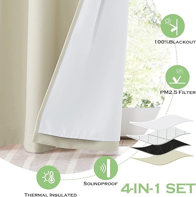 KGORGE Soundproof & Dust Particle Filtering Curtains 100% Blackout Window Cover Thermal Insulating Energy Smart Curtains for Living Room Bedroom Baby Nursery, W 52 x L 108 inches, Cream Beige, 1 Pair