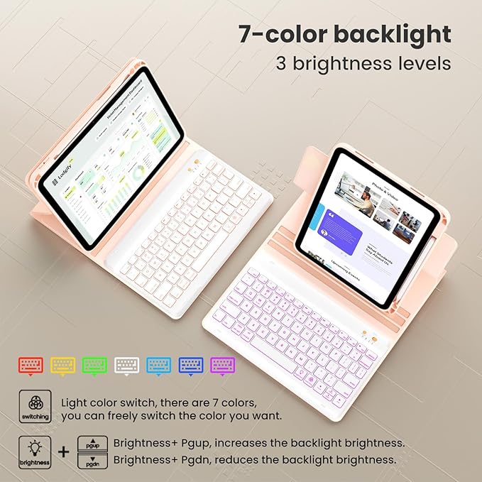 Magnetic Keyboard Case for iPad Air 5th 4th Generation 10.9 inch Pro 11 1st/2nd/3rd/4th, 7 Color Backlight BT Keyboard Folio with Pencil Holder 2022 2021 2020 2018 (Pink)