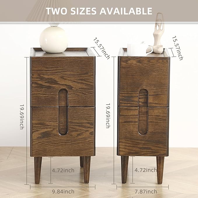 Solid Wood Bedside Table Nightstands, Slim Narrow Oak Real Wooden Mid-Century Modern End Table with Drawers Luxury Side Table Durable Cabinet Organizer Furniture, Walnut Color 9.84in Wide