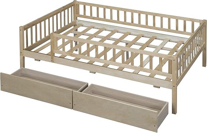 Bellemave Full Size Bed Frames with Rails for Kids, Full daybed Frame with Drawers for Boys/Girls/Adults， Natural