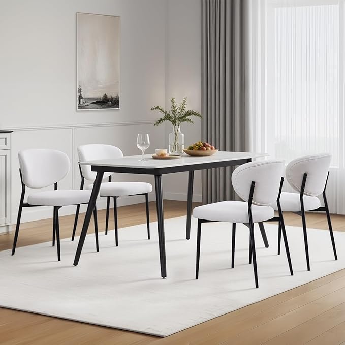 Upholstered Dining Chairs Set of 2 Modern Chenille Dining Room Chairs Wide Cushion with 58D Memory Foam Ergonomic Wingback Kitchen Chairs with Black Metal Leg for Living Room/Bedroom White