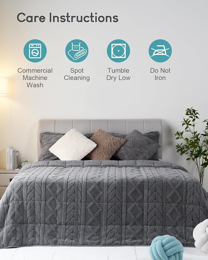 Cottonblue Weighted Blanket for Adults - Plush Cozy Sherpa Weighted Blankets for a Better Night's Sleep, Luxurious Jacquard Decor Blanket Queen Size for Bed Sofa Couch, 60x80 Inches,15lbs,Grey