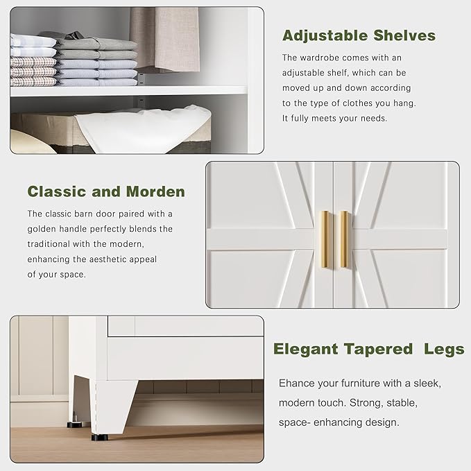 COFaR Metal Wardrobe Cabinet, 71" Farmhouse Storage Cabinet with Hanging Rod, 2 Barn Door, 2 Adjustable Shelves and Legs, for Bedroom, Laundry Room, Cloak Room, Gym, Office, School (White)