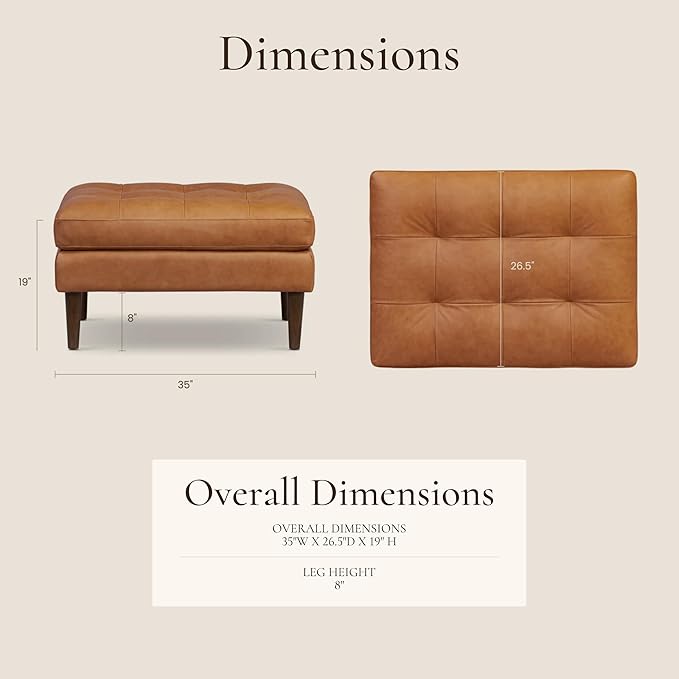Poly & BARK Napa Ottoman - Full-Grain Leather Upholstered Ottoman with Feather-Down Topper - Couch for Living Room - Vintage Italian Leather in Cognac Tan