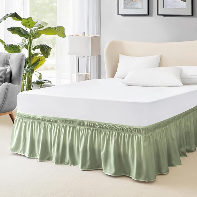 FreshCulture Twin Bed Skirt, Elastic Wrap Around Bed Skirt Twin Size, Bed Skirts for Adjustable Bed, Easy Fit with 22 Inch Drop Length, Hotel Quality Dust Ruffle for Twin Bed (Sage Green)