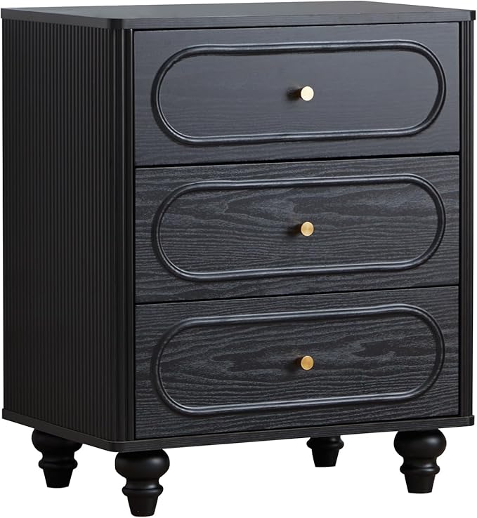 Fluted 3 Drawer Dresser for Bedroom, Modern Mid Century Chest of Drawers, Wood Storage Small Dresser Organizer for Bedroom Living Room Hallway Closet, Black