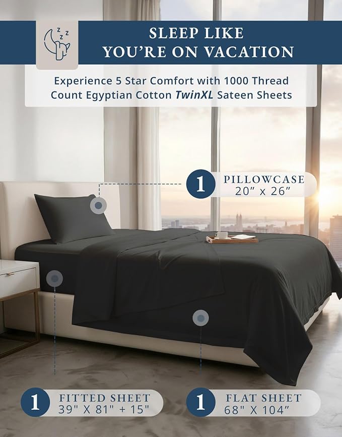 LANE LINEN 100% Egyptian Cotton Extra Long Twin Sheets - 1000 Thread Count, Long Staple Mercerized Cotton No Pill Fade Resistant Silky Sateen Weave for Soft & Comfy Good Night Sleep- Black